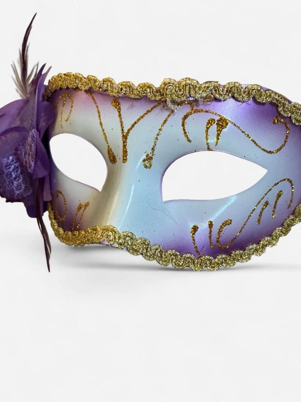 Purple and Gold Venetian Masquerade Eye Mask with Purple Flower Accent
